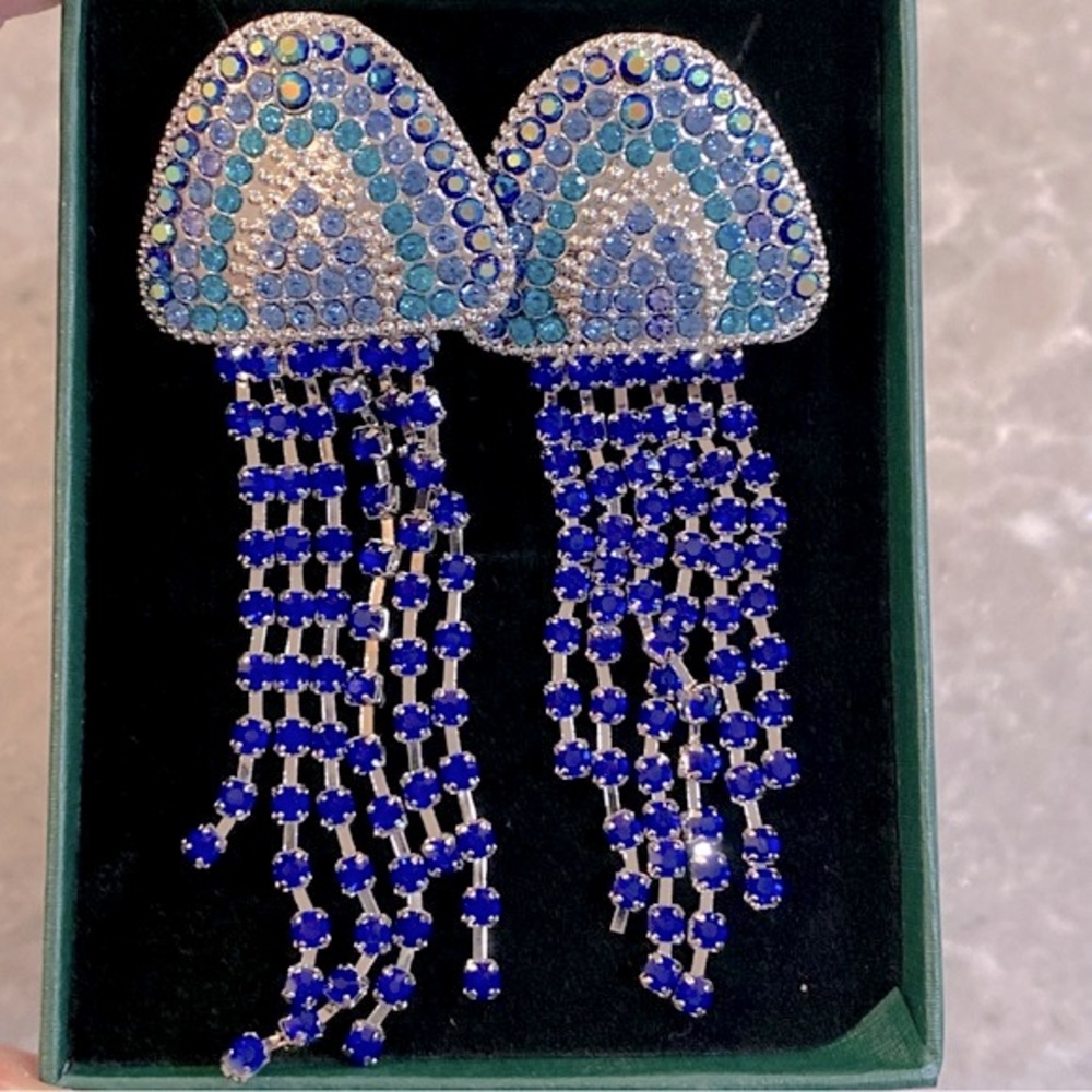 NEW! Statement Earrings Long Tassel Unique Rhinestone Drop Crystal Dangling Blue - Picture 7 of 10